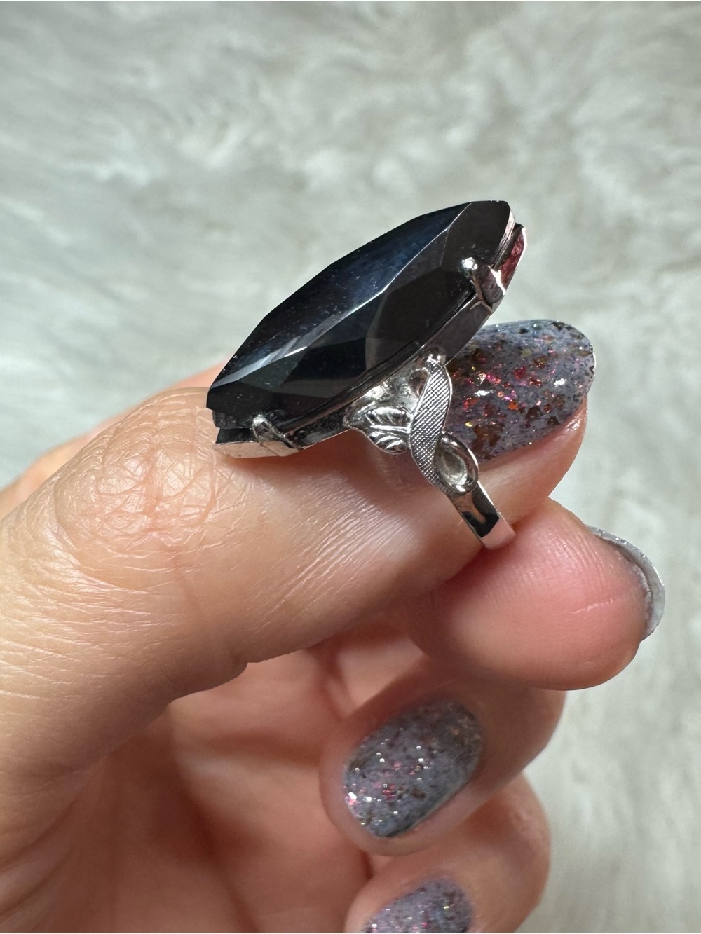 Silver Ring with Large Black Faceted Stone